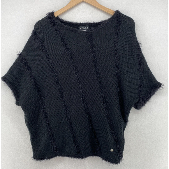 GUESS Sweater Womens XL 16 Chunky Fringed Bias Knit Dolman Sleeve Pullover Black - Picture 1 of 10